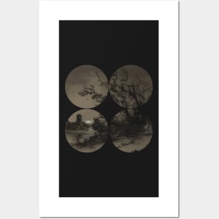 Vintage Style Minimalistic Moonlight Scene Geometric Divided Into Four Circles Posters and Art